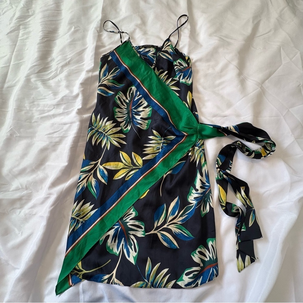 Zara Green & Blue Asymmetrical Tie Front Sundress - Picture 4 of 4